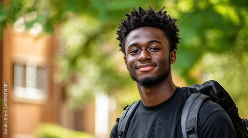 Smiling university student with natural hair wearing a backpack, surrounded by green foliage and buildings in a vibrant campus setting.