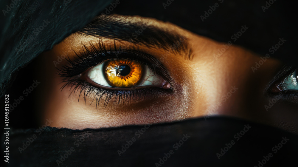 Captivating close-up of a woman with striking amber eyes, partially veiled, showcasing depth and emotion in a mysterious setting at twilight Captivating close-up of a woman with striking amber eyes, partially veiled, showcasing depth and emotion in a mysterious setting at twilight