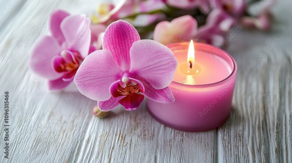 Serene spa still life showcasing a lit pink candle beside delicate pink orchids on a rustic white wooden surface, enhancing a tranquil atmosphere. Serene spa still life showcasing a lit pink candle beside delicate pink orchids on a rustic white wooden surface, enhancing a tranquil atmosphere.