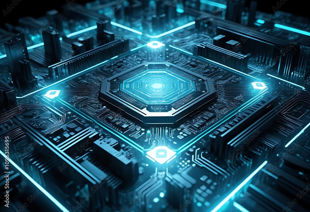 3D rendering of a blue futuristic circuit board with electrons. 3D rendering of a blue futuristic circuit board with electrons.