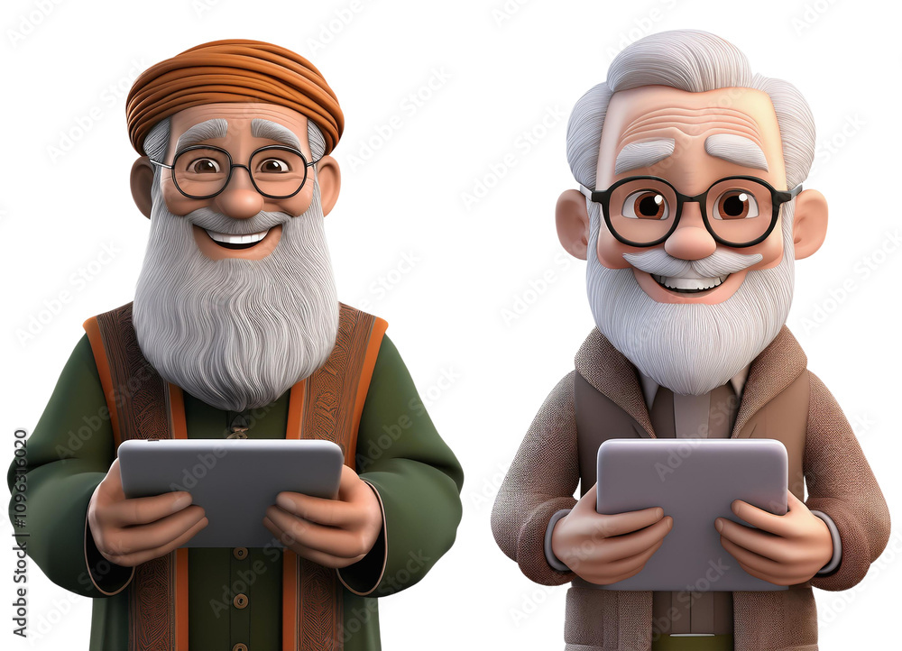 two older men with white, gray beards hold a tablet in their hands two older men with white, gray beards hold a tablet in their hands