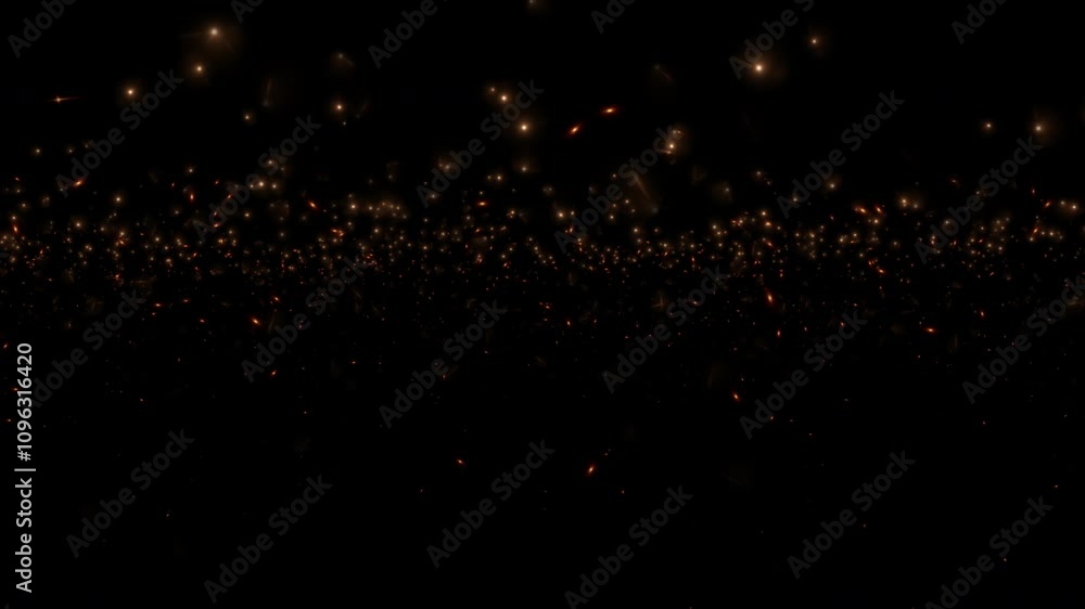 Animation loop flow up glow orange gold star fire bubble ball particles on black abstract background. Animation loop flow up glow orange gold star fire bubble ball particles on black abstract background.