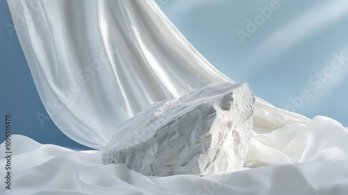 Wallpaper Mural Fractured white stone pedestal positioned on a flowing white fabric with a serene light blue backdrop, perfect for elegantly displaying cosmetic products and enhancing visual appeal. Torontodigital.ca