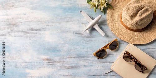 Travel essentials arranged on a wooden surface with a hat, glasses, and a model airplane for vacation planning