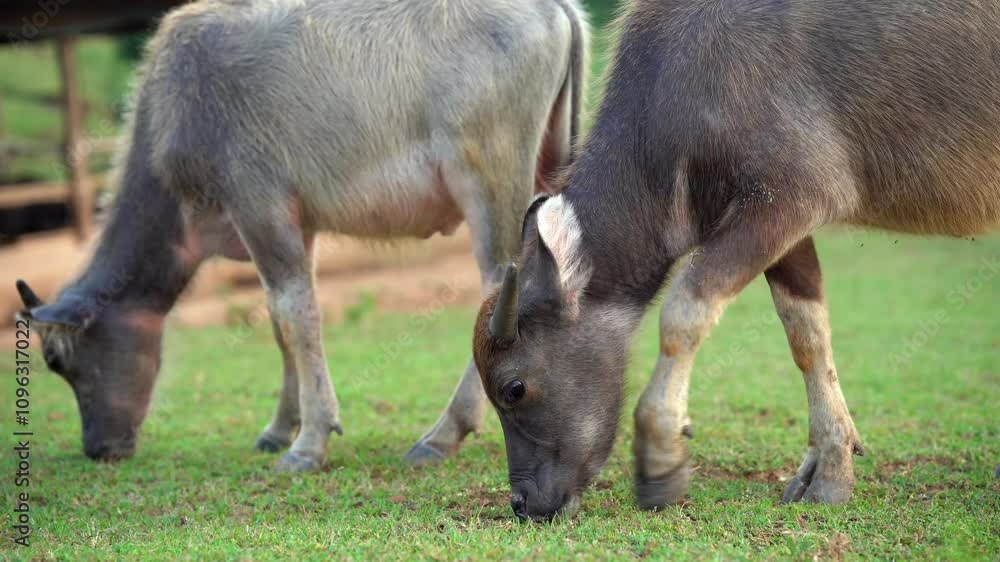 Grazing water buffalo herd on lush green grass in serene rural farm, highlighting their natural behavior and beauty of wildlife in nature. Grazing water buffalo herd on lush green grass in serene rural farm, highlighting their natural behavior and beauty of wildlife in nature.