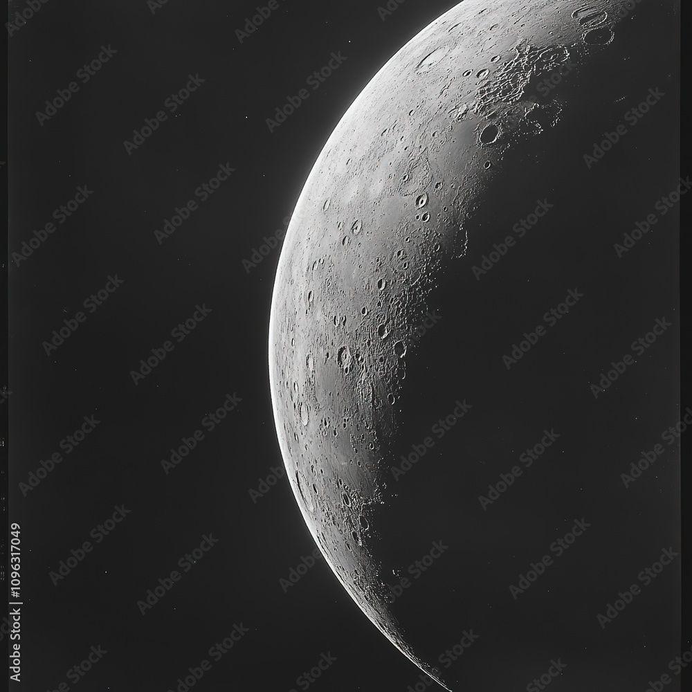 Obraz premium Close-up grayscale image of a crescent moon against a dark background, showcasing its craters and surface texture.