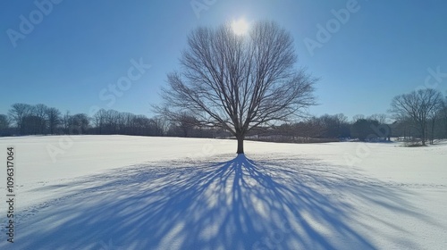 Majestic Winter Scene with a Single Bare Tree Casting Long Shadows on a Snow-Covered Field Under a Clear Blue Sky and Bright Sunlight