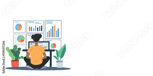 Background or banner of a man studying market reports on a tablet, with an emphasis on professionalism and modern style on a white photo, copy space, place for text