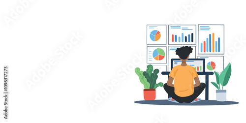 modern business banner: man reviewing data on a tablet for market research, copy space, space for text