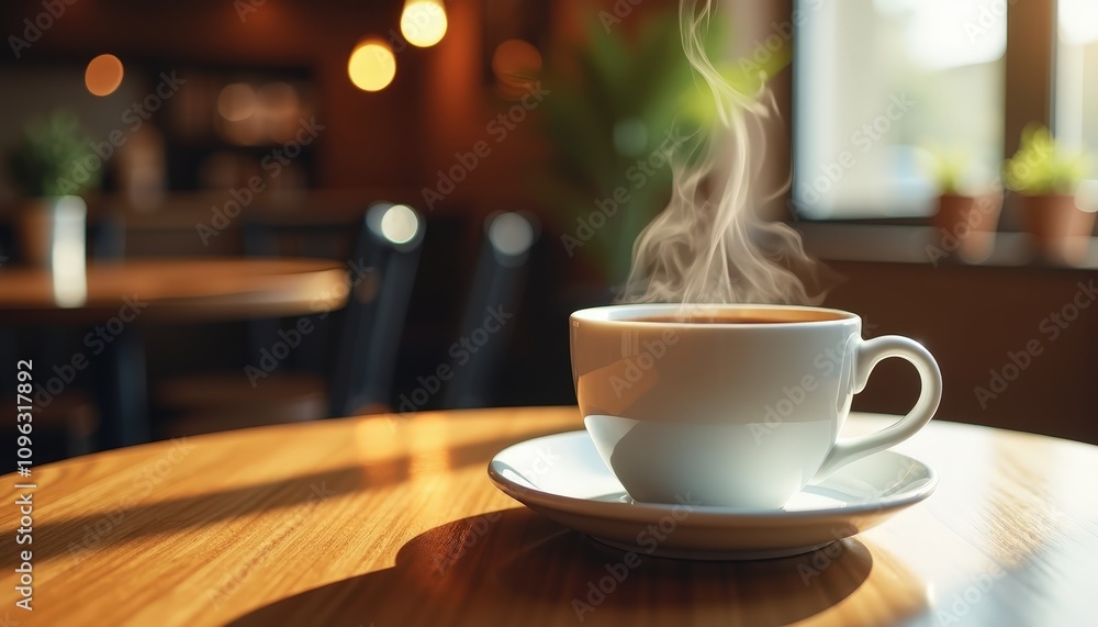 Coffee cup with steam rising on a wooden table in a cozy café setting with copy space for café promotions or morning event invitations. Coffee cup with steam rising on a wooden table in a cozy café setting with copy space for café promotions or morning event invitations.