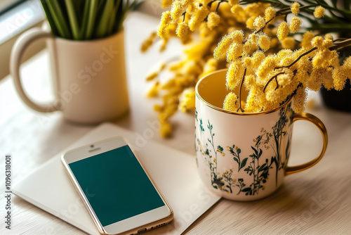 
Mimosa in a vase, a mug, and a card with March 8th.