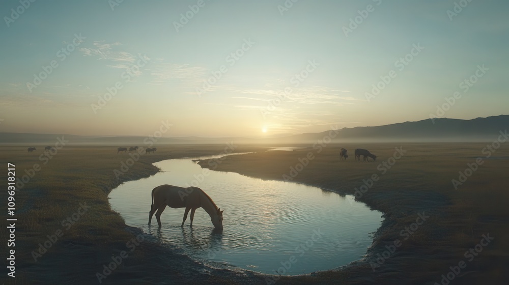 Serene Savannah Scene with Animals by the River Serene Savannah Scene with Animals by the River
