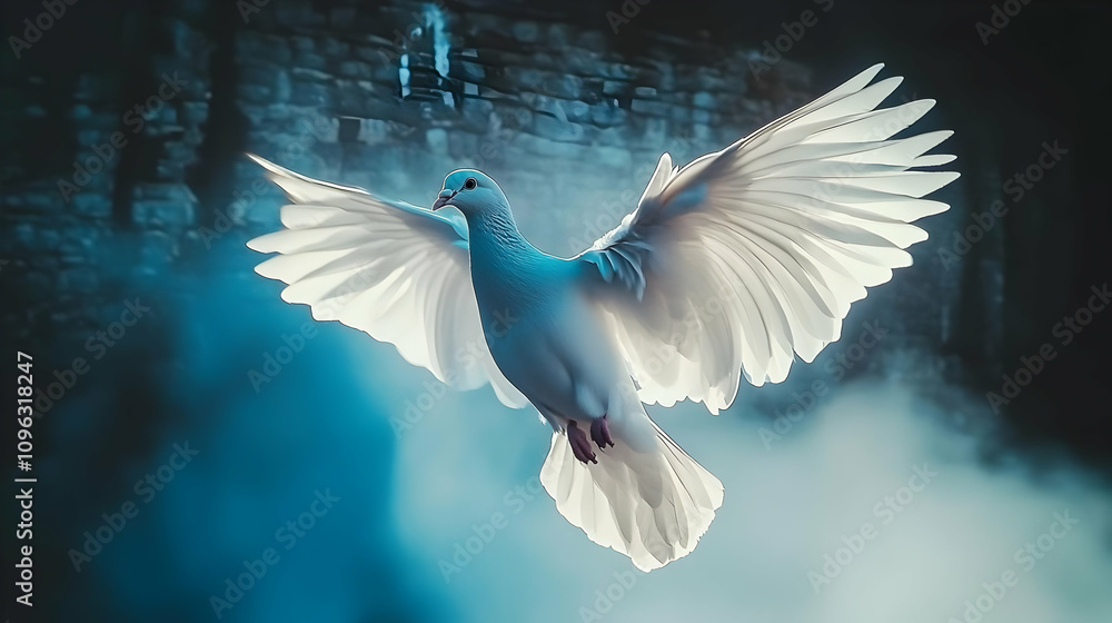 Obraz premium White Dove Flapping Its Wings in a Blue Misty Sky