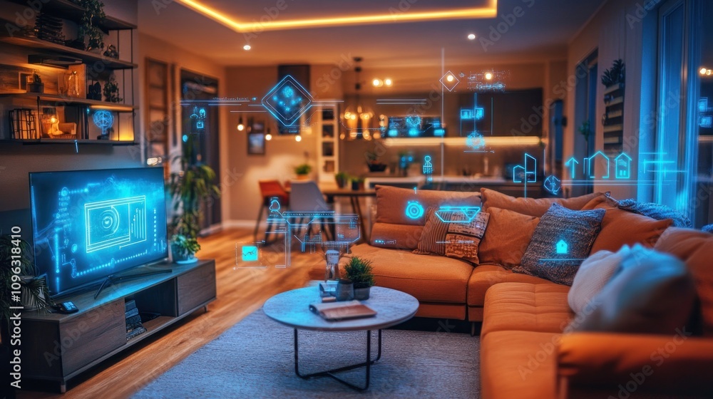 Modern living room with smart home technology interface icons displayed. Modern living room with smart home technology interface icons displayed.