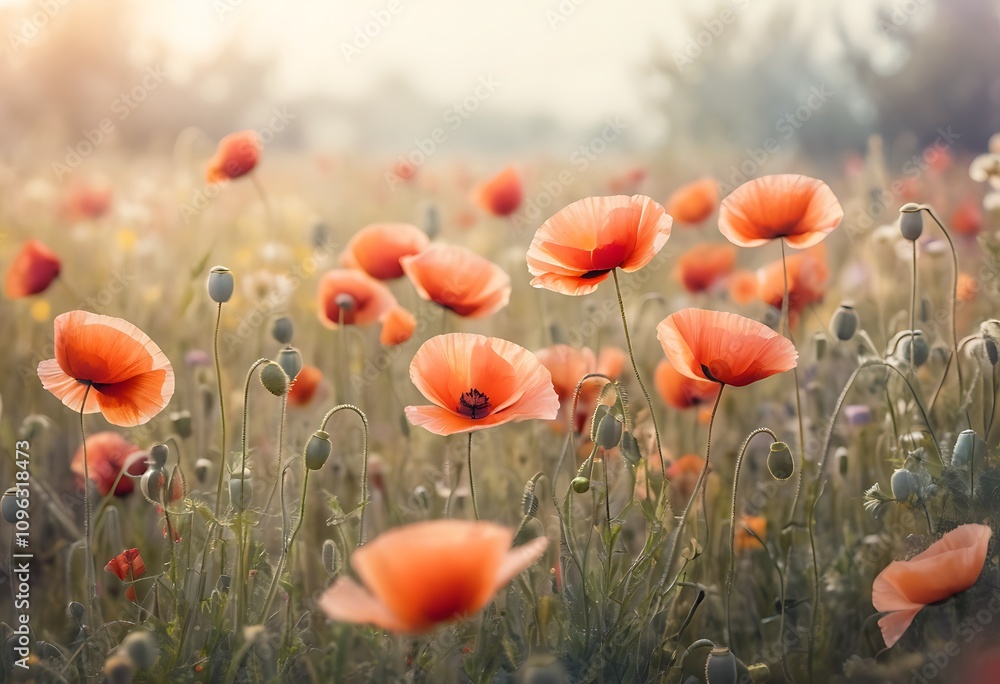 Obraz premium Poppy and chamomile meadow. Nature and flowers