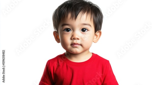 Portrait of a two-year-old boy wearing a vibrant red T-shirt with a neutral expression, set against a bright white background for a clean, striking appearance.