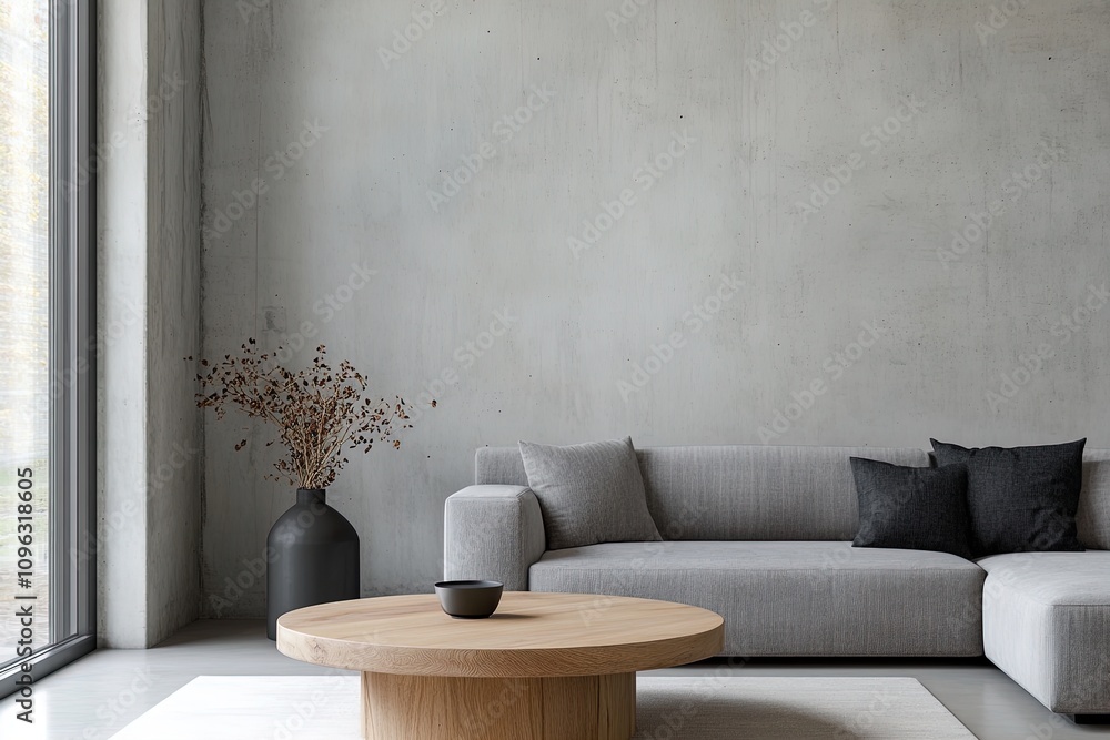 Modern living room with minimalist decor featuring a gray sofa and wooden coffee table Modern living room with minimalist decor featuring a gray sofa and wooden coffee table