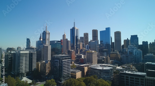 Modern Skyline with High-Rise Office Buildings under Blue Sky