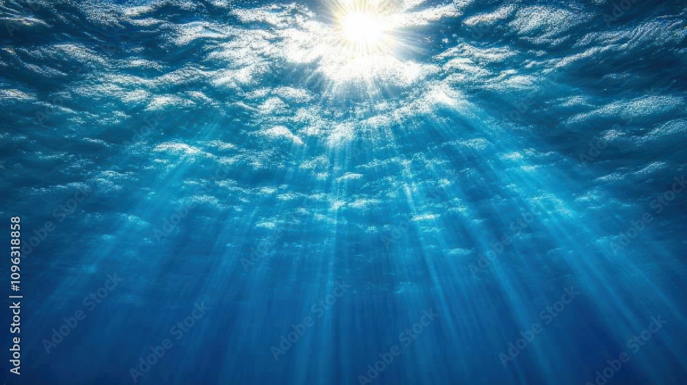 Deep ocean background with sunlight rays penetrating through the water, illuminating the blue depths Deep ocean background with sunlight rays penetrating through the water, illuminating the blue depths