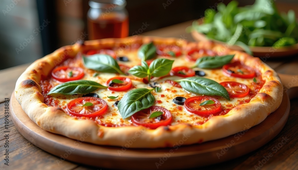 Delicious pizza with fresh toppings on a wooden table with ample copy space for restaurant promotions or food festival announcements. Delicious pizza with fresh toppings on a wooden table with ample copy space for restaurant promotions or food festival announcements.
