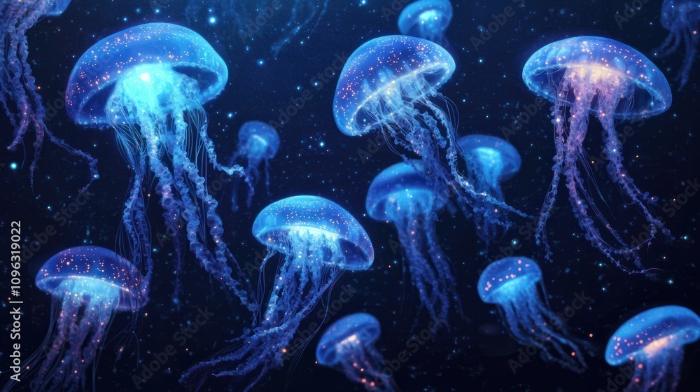 Deep-sea background with glowing bioluminescent creatures floating in the dark ocean depths Deep-sea background with glowing bioluminescent creatures floating in the dark ocean depths