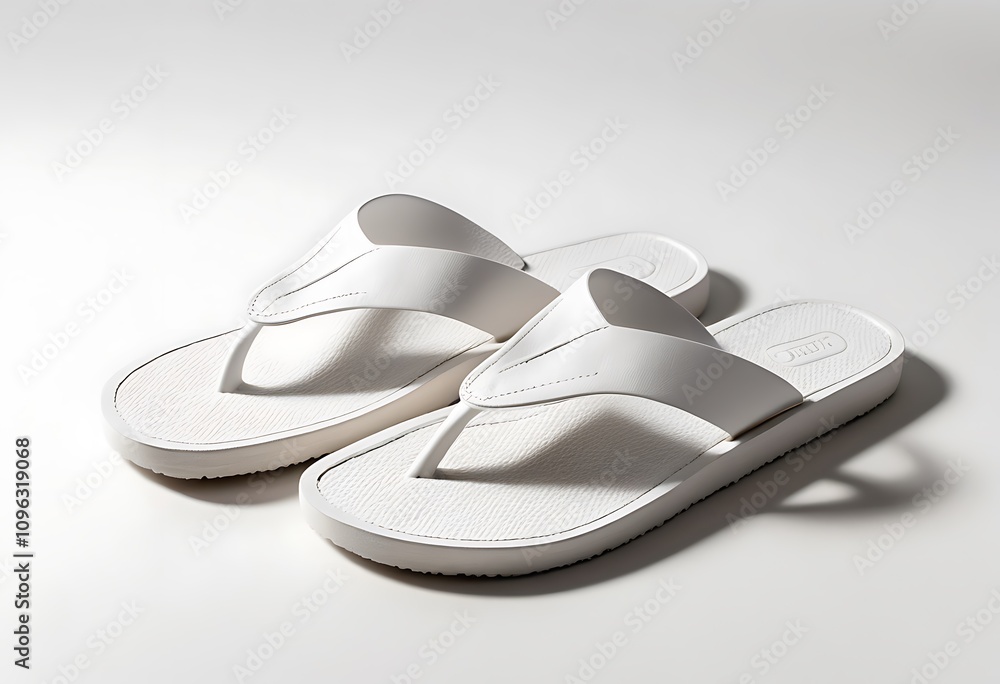 Pair of flip flops on white background, top view. Beach accessories