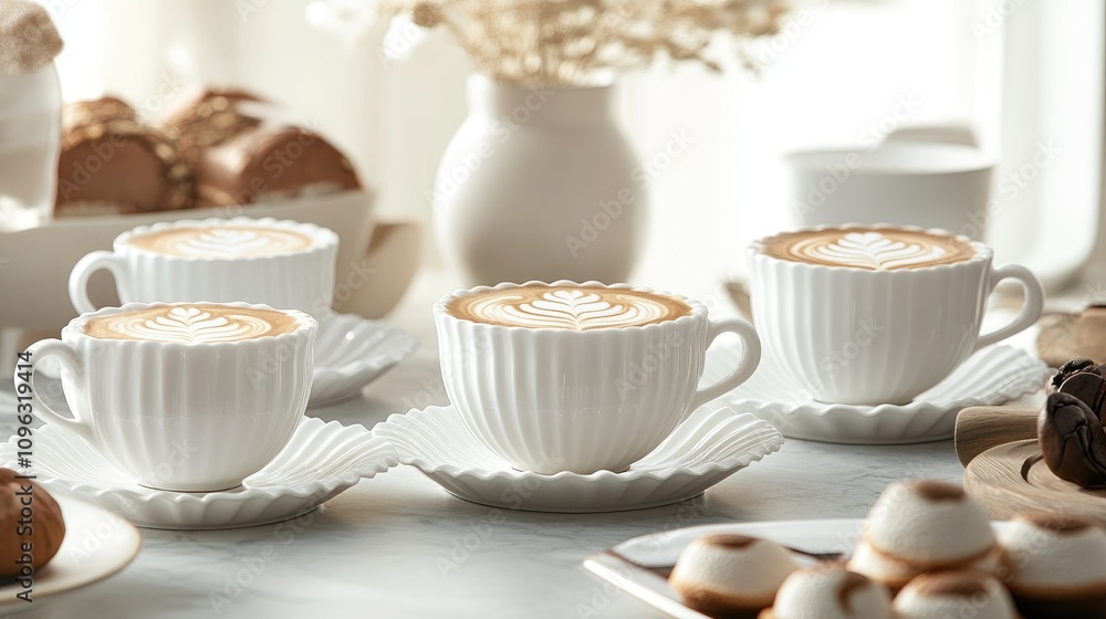 Elegant white coffee cups with intricate latte art displayed on fluted saucers in a cozy dining setting, accompanied by assorted pastries and decor. Elegant white coffee cups with intricate latte art displayed on fluted saucers in a cozy dining setting, accompanied by assorted pastries and decor.