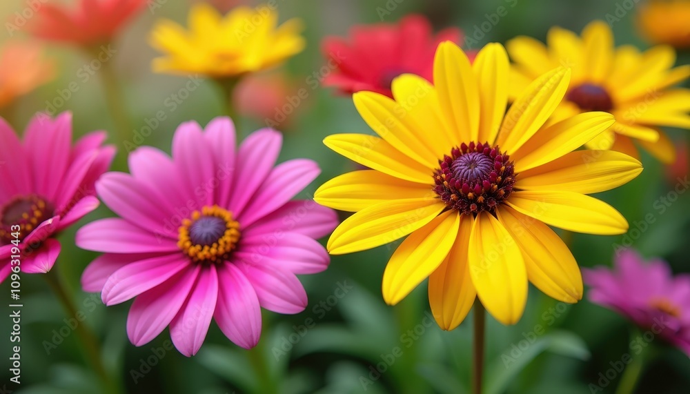 Close-up of colorful flowers in a garden with ample copy space for spring gardening workshop promotions or floral event invitations. Close-up of colorful flowers in a garden with ample copy space for spring gardening workshop promotions or floral event invitations.
