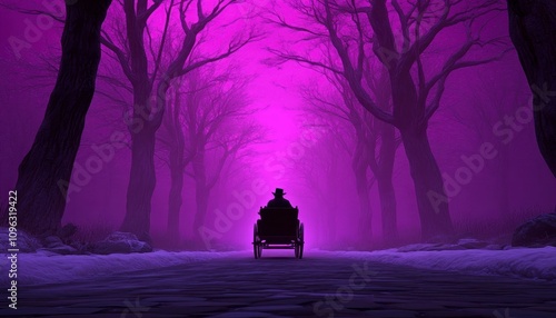 Silhouette of a person in a horse-drawn carriage on a misty road through a dark forest. photo