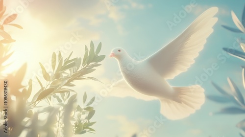 Dove in Flight with Olive Branches Against a Peaceful Sky