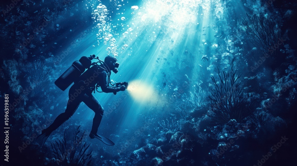 Deep-sea exploration background with a diver illuminating mysterious underwater landscapes