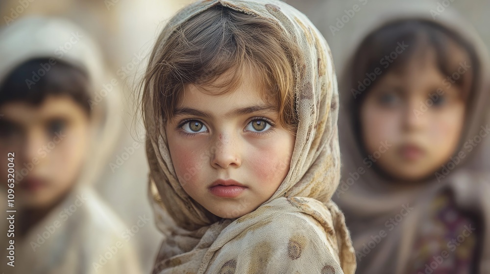 Young children in traditional headscarves with serious expressions, capturing emotions of hardship and resilience against a blurred background. Young children in traditional headscarves with serious expressions, capturing emotions of hardship and resilience against a blurred background.