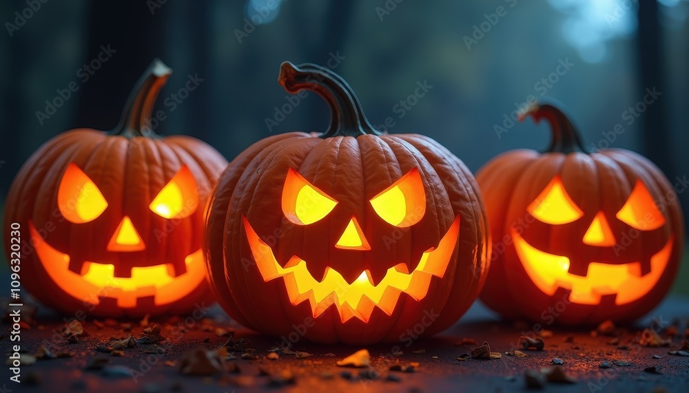 Halloween pumpkins with carved faces glowing in the dark with ample copy space for spooky event promotions or trick-or-treat announcements. Halloween pumpkins with carved faces glowing in the dark with ample copy space for spooky event promotions or trick-or-treat announcements.