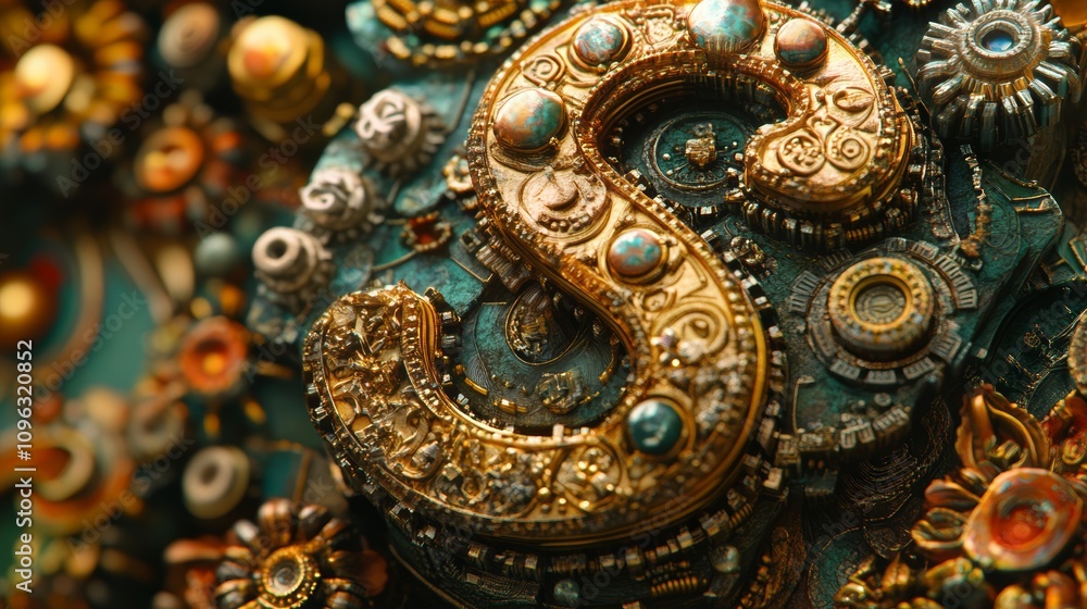 A close-up of a stylized gold letter S made of gears, metal, and jewels. A close-up of a stylized gold letter S made of gears, metal, and jewels.