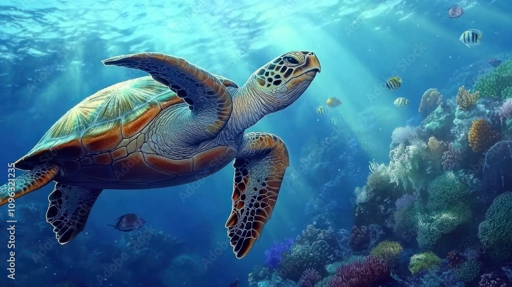 Fototapeta premium Large sea turtle swimming gracefully near a coral reef, accompanied by small fish