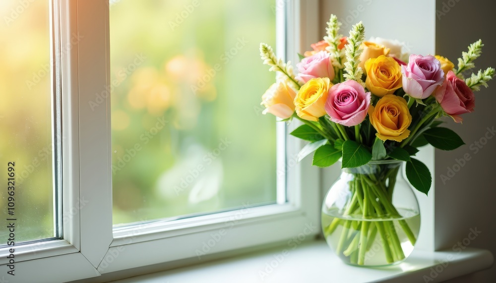 Fresh spring flowers in a glass vase on a sunny windowsill, leaving ample copy space for floral workshop promotions or seasonal event advertisements. Fresh spring flowers in a glass vase on a sunny windowsill, leaving ample copy space for floral workshop promotions or seasonal event advertisements.