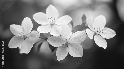 A close-up, black and white photo of five delicate white blossoms on a branch, with a blurred background.