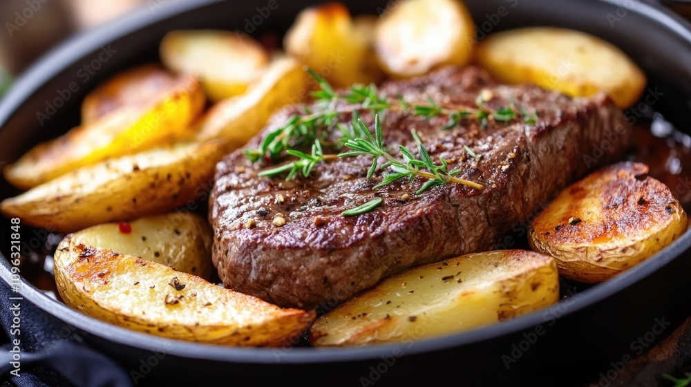 Succulent butter beef steak garnished with fresh herbs, served alongside golden crispy potato wedges in a rustic dish. Succulent butter beef steak garnished with fresh herbs, served alongside golden crispy potato wedges in a rustic dish.