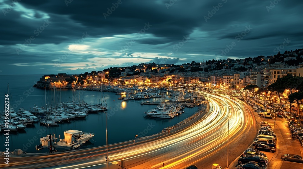 A coastal city at night with a harbor full of boats and a road with light trails. A coastal city at night with a harbor full of boats and a road with light trails.