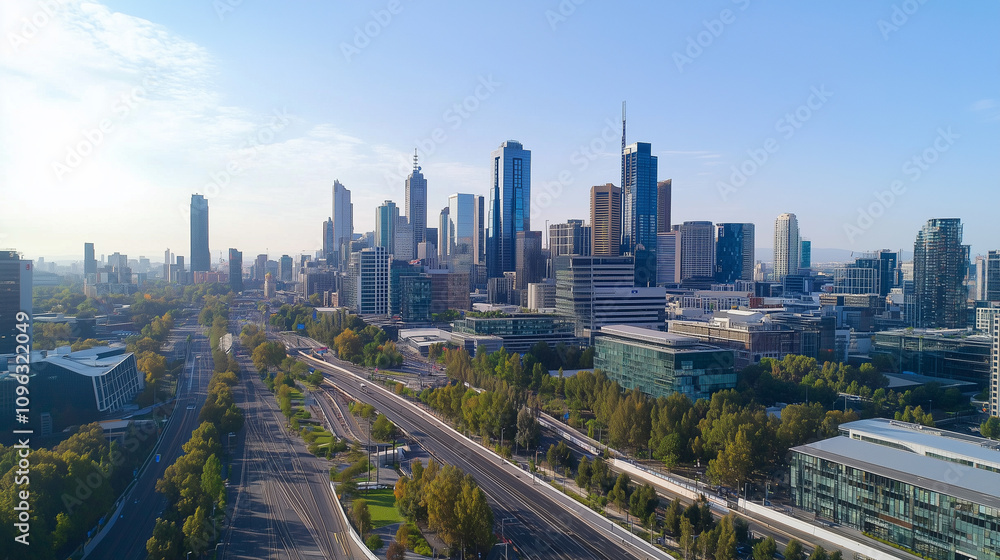 Fototapeta premium Modern City Skyline with CBD Office Buildings at Sunset - Drone View