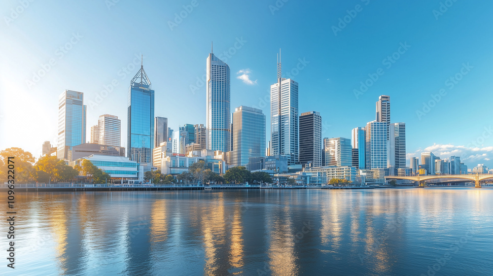 Fototapeta premium Modern City Skyline with CBD Office Buildings at Sunset - Drone View