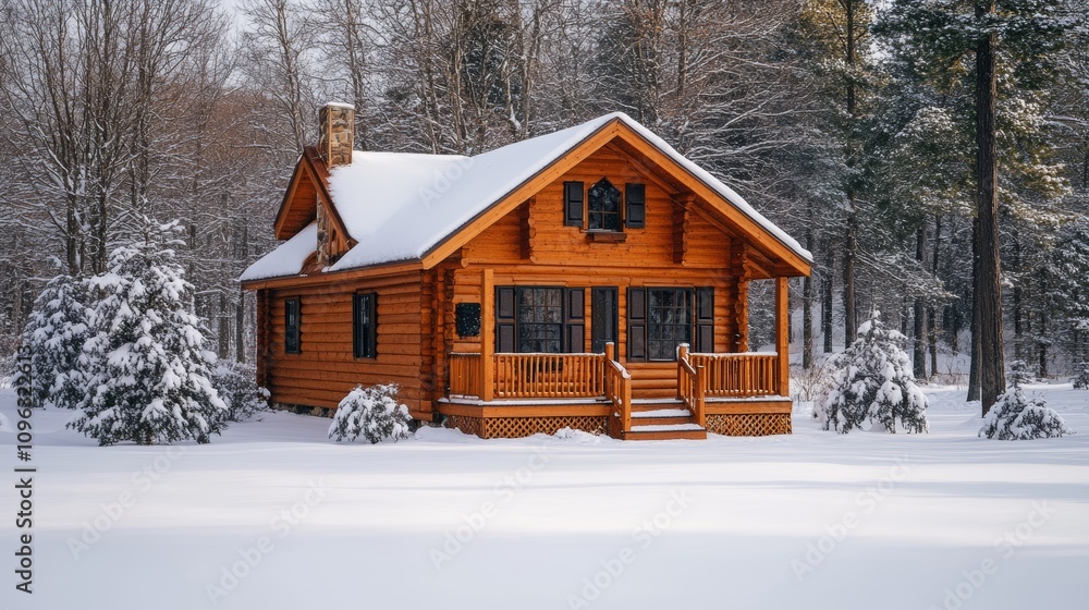Naklejka premium A cozy wooden cabin in the snow with a snowy forest backdrop.