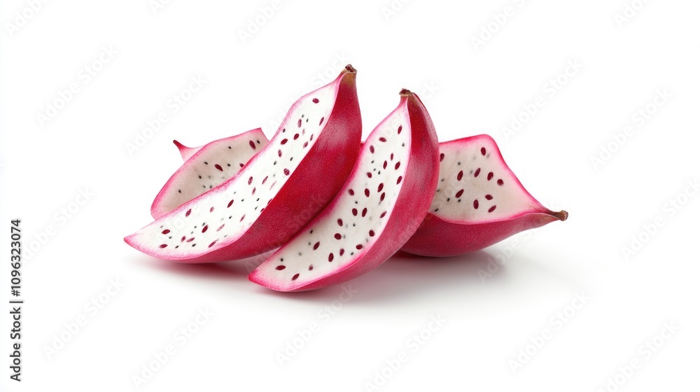 Sliced vibrant red and white pitaya fruit pieces displaying unique texture and dramatic color contrast on a clean white background. Sliced vibrant red and white pitaya fruit pieces displaying unique texture and dramatic color contrast on a clean white background.