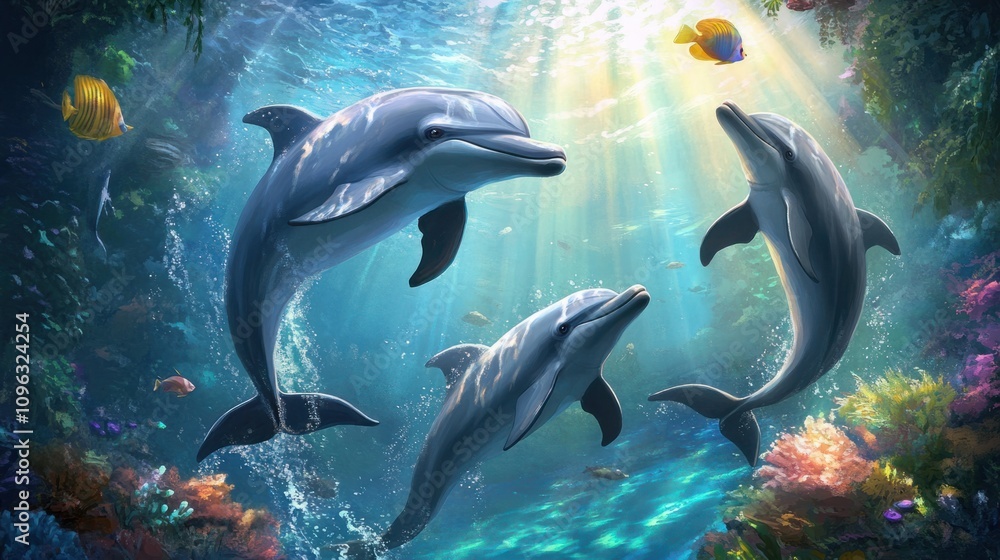 Obraz premium Playful dolphins swimming under the sea, surrounded by sunlight filtering through the water