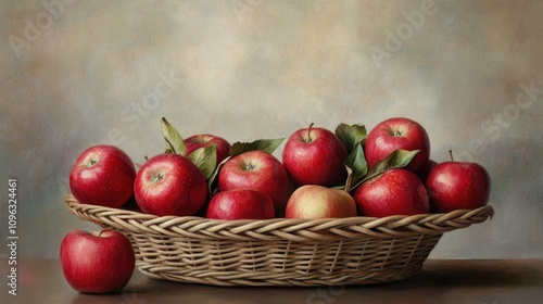 Vibrant red apples nestled in a rustic woven basket surrounded by lush green leaves, set against a softly blurred, warm-toned dining backdrop.