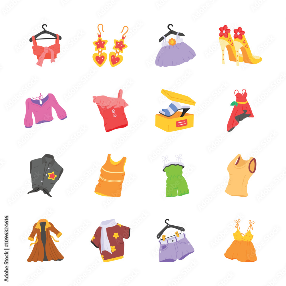 Fototapeta premium A vibrant assortment of womens fashion items including tops, dresses, shorts, a jacket, earrings, shoes, and more