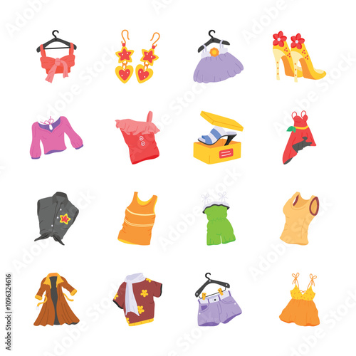 A vibrant assortment of womens fashion items including tops, dresses, shorts, a jacket, earrings, shoes, and more