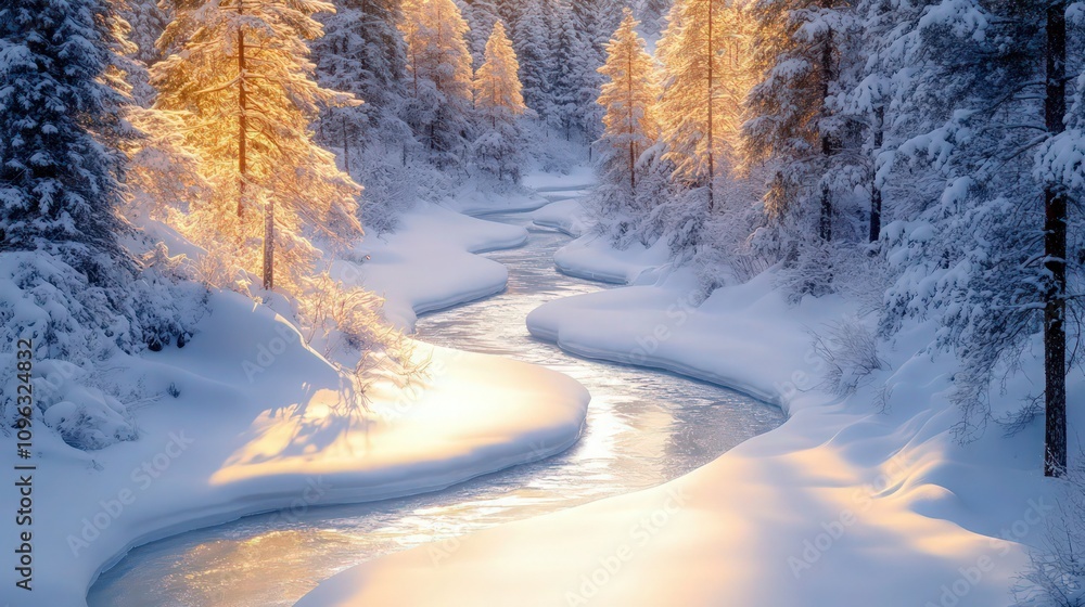 A winter wonderland featuring an icy river winding through a forest of snow-draped trees, the sunlight casting a golden glow on the snow. A winter wonderland featuring an icy river winding through a forest of snow-draped trees, the sunlight casting a golden glow on the snow.