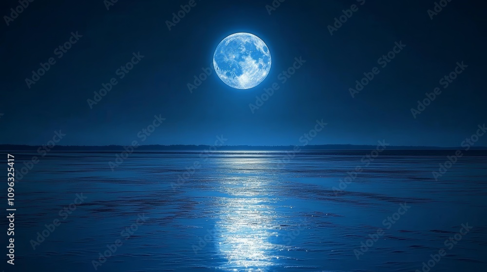 Fototapeta premium A full moon shines brightly over a calm, still body of water, reflecting its light in the ripples of the water.