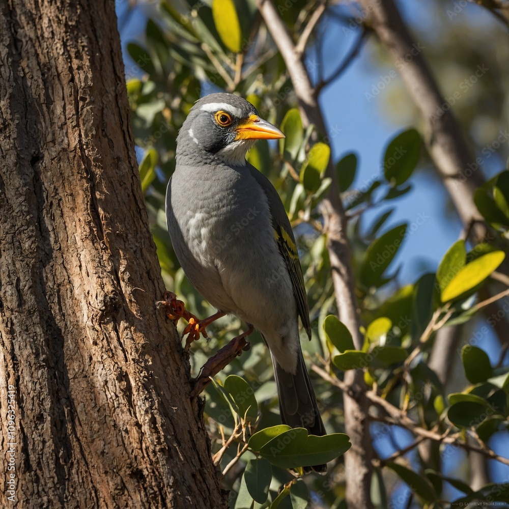Noisy miner in a vivid, sunlit eucalyptus grove.
Noisy miner in a vivid, sunlit eucalyptus grove.